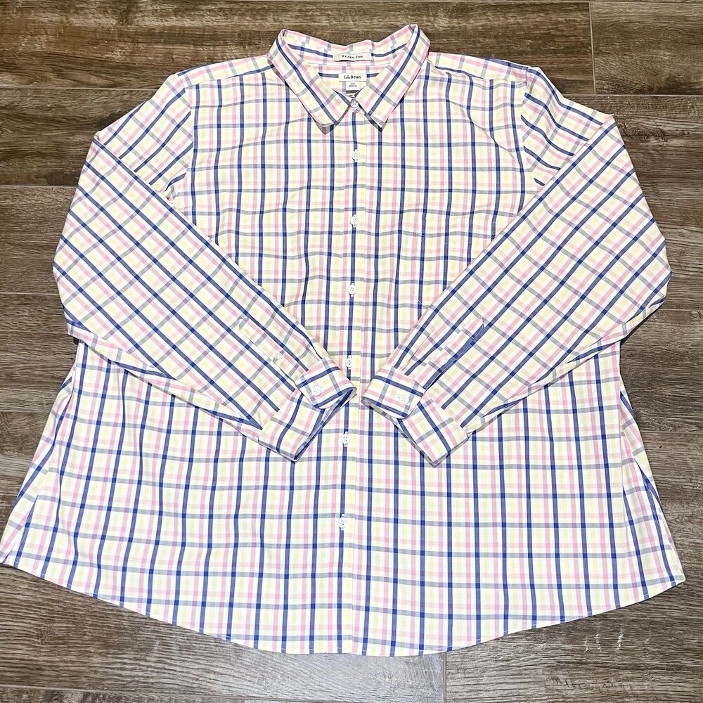 LL Bean Shirt Womens 3X Plaid Wrinkle Free Pinpoint Oxford Long Sleeve
